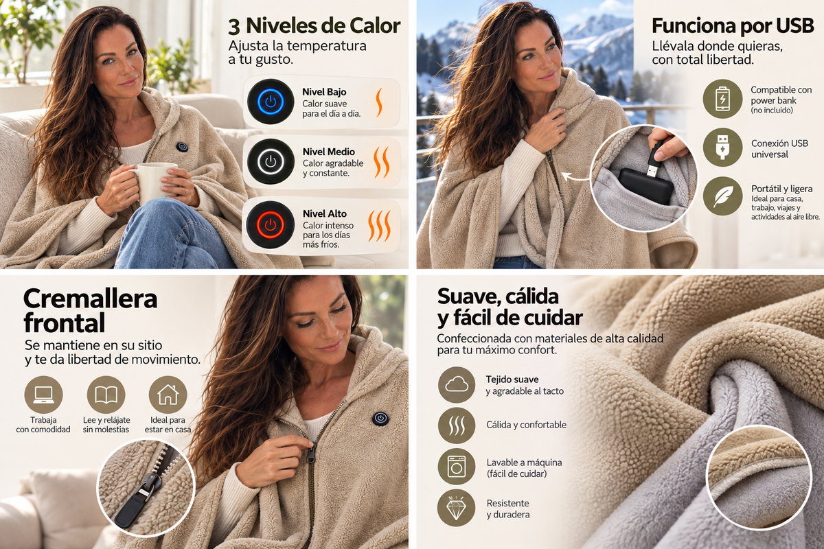 Manta Eléctrica Portátil USB | 3 Niveles de Calor y Cremallera